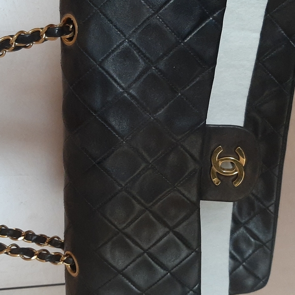 Authentic Vintage CHANEL Lambskin Double Chain Double Medium Flap Bag black/gold - Picture 4 of 16